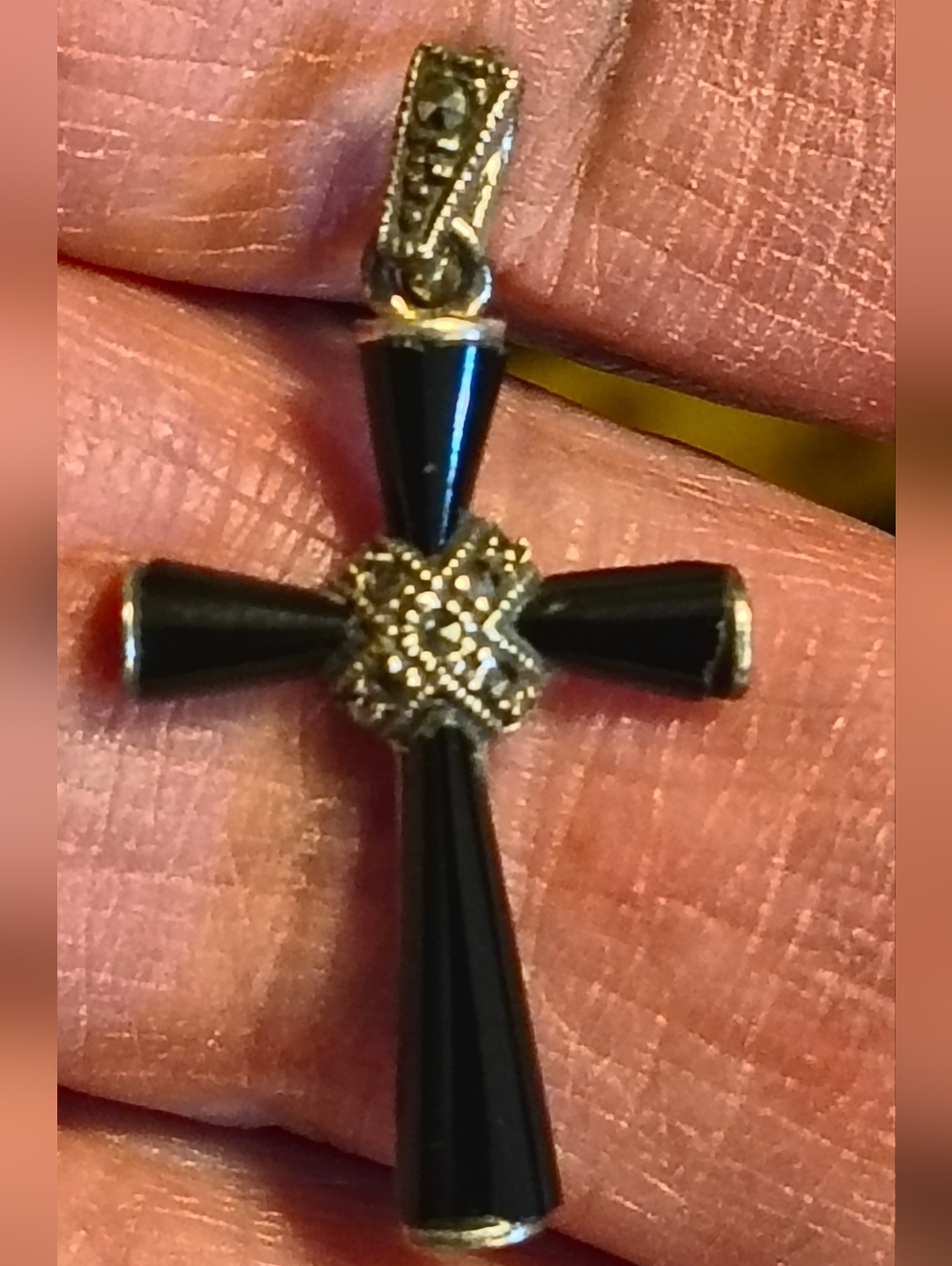Black Stone And Marcasite Accent Cross Pendant Signed 925